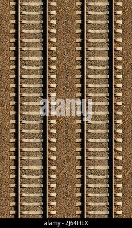 Nahtloses Eisenbahnmuster, Hintergrund mit Platz für Text. Draufsicht. Glänzende Eisenschienen und Betonschwellen, gepaart mit kraftvollen Schrauben auf steinigem Boden Stockfoto