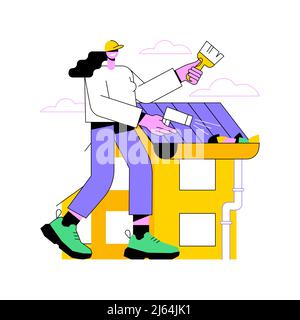 Abstrakte Konzeptdarstellung zur Reinigung von Dachrinnen. Hauswartung, Dach, Baugeschäft, Dachreparatur, Powerwash, Entfernen von Blättern und Moos, Fallrohr, abstrakte Herbstmetapher. Stock Vektor