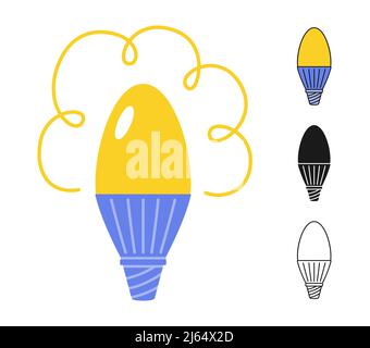 LED-Glühbirne Symbol, energiesparende Leuchtstofflampe Silhouette Stempel, Doodle Linie gesetzt. Eco Wirtschaft führte intelligente Glühbirne leuchten modernes Zeichen. Symbol Idee Kreativität, Innovation, Denken, Erfindungsvektor Stock Vektor