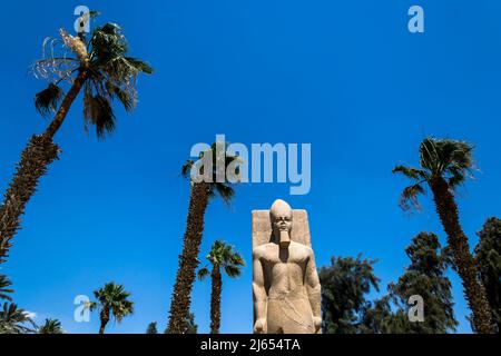 Skulptur aus dem Reich der Mitte, restauriert im Namen von Ramses II., ausgestellt im historischen Freilichtmuseum von Memphis, der alten ägyptischen Hauptstadt Stockfoto