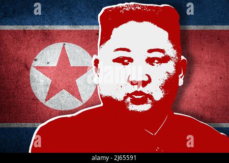 Kim Jong-un und nordkoreanische Flagge Stockfoto