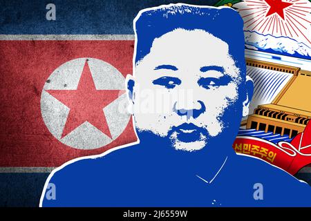 Kim Jong-un, Nordkoreas Flagge und nationales Emblem Stockfoto