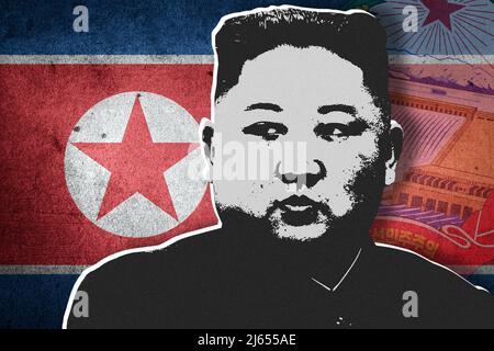 Kim Jong-un, Nordkoreas Flagge und nationales Emblem Stockfoto