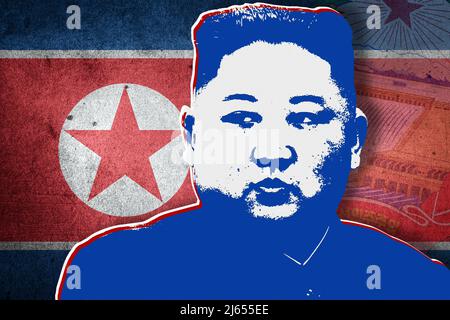 Kim Jong-un, Nordkoreas Flagge und nationales Emblem Stockfoto