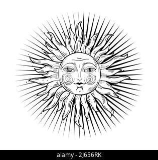 Himmel-Illustration, stilisiertes Vintage-Design, Sonne mit Gesicht, stilisierte Zeichnung, Gravur. Mystisches Design-Element im Boho-Stil, Logo, Tattoo. Vektor Stock Vektor