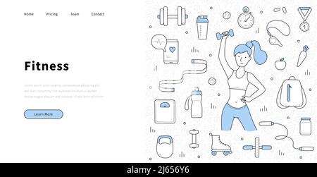 Fitness-Landing-Page im Doodle-Stil, Frauen trainieren mit Kurzhanteln, gesunder Lebensstil, Sport, Gewichtsverlust und Workout-Erholung im Fitnessstudio. Fit Mädchen, Gadgets für das Sportleben, Linear Vektor Web-Banner Stock Vektor