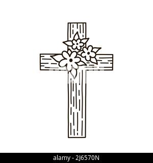 Ostern christian Kreuz mit Blumen isoliert auf weißem Hintergrund. Vektor-handgezeichnete Illustration im Doodle-Stil. Perfekt für Urlaubsdesigns, Karten, Logo, Dekorationen, Einladungen. Stock Vektor