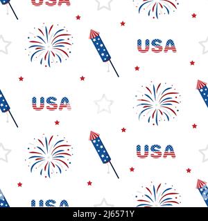 Unabhängigkeitstag der USA. Nahtloses Muster mit Feuerwerk. Hintergrund für den 4.. Juli. Nationaler Tag Der Freiheit. Vektordarstellung in Stock Vektor