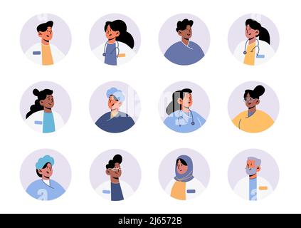 Avatare von Ärzten und Krankenhauspersonal, isolierte runde Symbole. Gesichter von Medizinern in Roben mit Stethoskopen, Krankenschwestern in der Klinik, Beruf der Medizin, lineare flache Vektorgrafik Stock Vektor