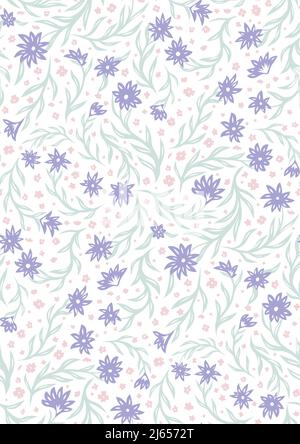 Vektor nahtloses Muster mit zarten kleinen lila und rosa Blüten auf Stielen auf weißem Hintergrund. Natürliche Textur mit Ditsy für Stoffe. Hintergrundbild Stock Vektor