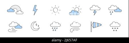 Satz von Wetterprognosen-Doodle-Icons, isolierter Vektor-linearer Regenbogen, Wolke und Blitz, Sonne, Mond, Windsack, Regen und Schnee. Klima-Design-Elemente, Meteorologie, Natur Linie Kunst Symbole Sammlung Stock Vektor