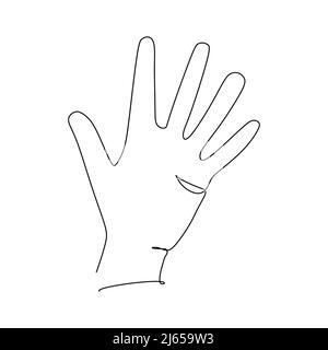 Zahl fünf Hand Geste Sprache Alphabet kontinuierliche Linie Zeichnung Design. Zeichen und Symbol der Handgesten. Einzelne fortlaufende Zeichnungslinie. Stock Vektor