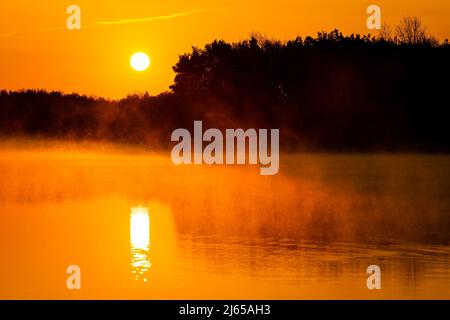 Hannover, Deutschland. 28. April 2022. Die Sonne geht über dem Altwarmbüchensee auf, während Bodennebel über die Wasseroberfläche driftet. Quelle: Moritz Frankenberg/dpa/Alamy Live News Stockfoto