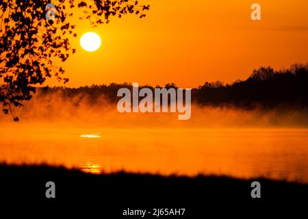 Hannover, Deutschland. 28. April 2022. Die Sonne geht über dem Altwarmbüchensee auf, während Bodennebel über die Wasseroberfläche driftet. Quelle: Moritz Frankenberg/dpa/Alamy Live News Stockfoto