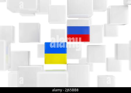 Einfache Cubes mit russischen und ukrainischen Flaggen im Stapel von vielen weißen Cubes auf weißem Hintergrund. 3D Rendering Stockfoto