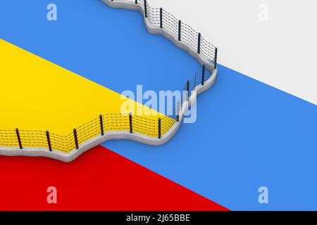 Lange Stacheldrahtzaun zwischen Russland und der Ukraine Karte in den Farben der russischen und ukrainischen Flaggen extreme Nahaufnahme. 3D Rendering Stockfoto