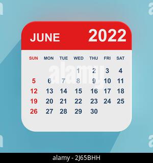 Flacher Symbolkalender Juni 2022 auf blauem Hintergrund. 3D Rendering Stockfoto