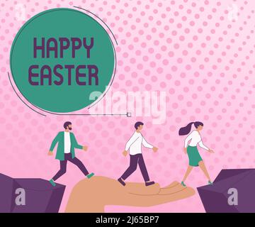 Konzeptionelle Darstellung Frohe Ostern. Konzept bedeutet christliches Fest zur Erinnerung an die Auferstehung Jesu Pfeile führen zwei kollaborierende Kollegen Stockfoto