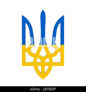 Wappen mit der Flagge der Ukraine, gelbem und blauem ukrainischen Nationalwappen auf weißem Hintergrund. 3D Rendering Stockfoto