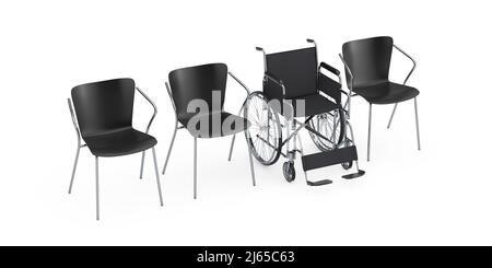 Wartesessel in Reihe mit leerem Rollstuhl auf weißem Hintergrund. 3D Rendering Stockfoto