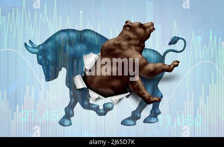 Das Konzept der Marktkorrektur bei Schwellenländerbären mit einer Hausse und einem bärischen Aktienmarkt als Metapher für eine Veränderung der Stimmung bei den Investitionen und der Entwicklung der Märkte. Stockfoto