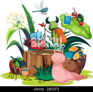 Niedliche Schnecke und Insekten in Cartoon-Stil Illustration Stock Vektor