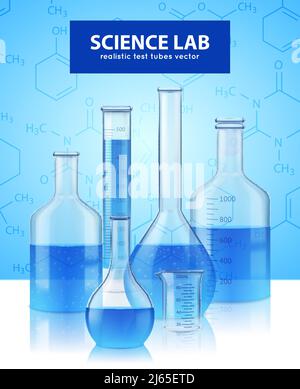 Wissenschaftliche Laborgeräte realistische Reagenzgläser retorts Sammlung mit blauem Reagenz Und Hintergrund Poster Vektor Illustration Stock Vektor