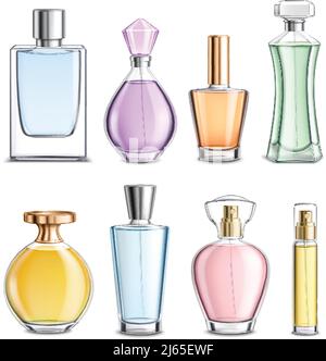 Parfüm Glasflaschen verschiedenen Formen Kappen und Farbe 3d realistisch auf weißem Hintergrund isoliert Vektor-Illustration gesetzt Stock Vektor