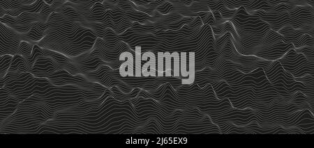 Abstrakter Hintergrund mit verzerrten Linienformen auf schwarzem Hintergrund. Monochrome Schalllinienkurven. Stock Vektor