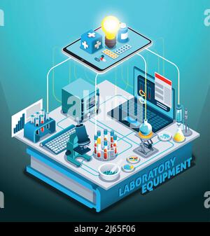 Laborgeräte isometrische Zusammensetzung auf Gradienten Hintergrund mit Kolben, Laptop, Mikroskop, Medikamente, Buch Vektor Illustration Stock Vektor