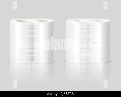 Papierhandtücher oder Toilettenpapier Toilettenrollen stehen auf polierter Oberfläche 2 realistische Bilder grauer Hintergrund Vektorgrafik Stock Vektor