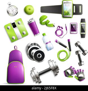 Fitness-Studio realistische Set mit Geräten und Zubehör Symbole isoliert vektorgrafik Stock Vektor