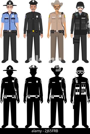 Detaillierte Illustration und Silhouetten von Sheriff, SWAT-Offizier und Polizist in flachem Stil auf weißem Hintergrund. Stock Vektor