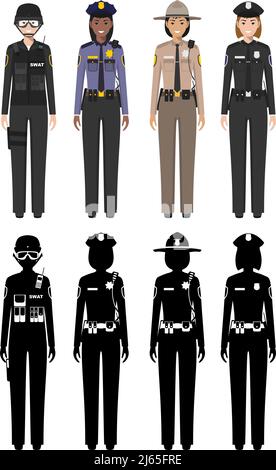 Detaillierte Illustration und Silhouetten von Sheriff, SWAT-Offizier, Polizist und Polizistin in flachem Stil auf weißem Hintergrund. Stock Vektor