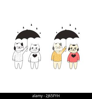 Lustige paar Katzen mit Regenschirm Doodle Symbol. Niedliche Haustiere Vektor-Kunst auf weißem Hintergrund. Stock Vektor