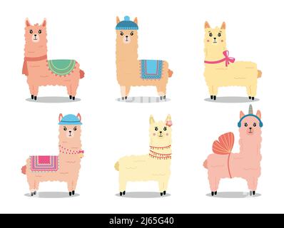 Sammlung von niedlichen und festlichen Lamas und Alpakas, Vektor-Elemente. Set von dekorativen Elementen für Ihre Gestaltung einer Postkarte, Poster, Geschenkpapier, Stock Vektor