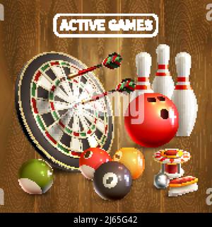 Spiele realistisches Konzept mit aktiven Spiele Schlagzeilen und Bowling Darts Billard Spiele Attribute Vektor Illustration Stock Vektor