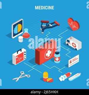 Isometrisches Flussdiagramm mit verschiedenen medizinischen Objekten auf blauem Hintergrund 3D Vektorgrafik Stock Vektor
