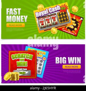 Lotterie 2 bunte Werbung horizontale Banner Design mit Kratzer groß Gewinnen Sie schnell Geld Spiele Karten Vektor Illustration Stock Vektor