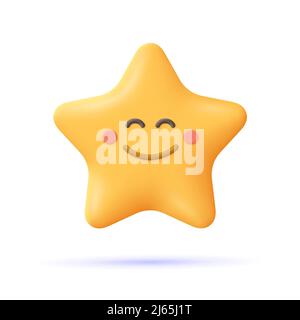 Gelber Stern, fröhliche Emoji. Smiley Face Emoticon. 3D Vektorsymbol. Minimalistischer Cartoon-Stil. Stock Vektor