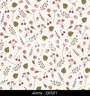 Doodle Sommerbeere, Blume nahtloses Muster. Erdbeeren, Kirschen, Blätter, Blütenhintergrund in Pastellfarben. Linie frische Natur Vektor Illustration f Stock Vektor