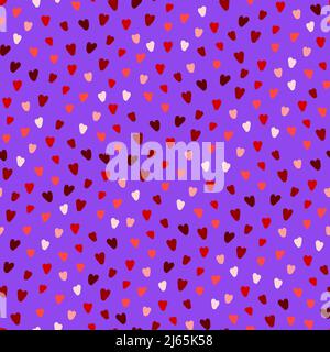 Nahtloses Muster mit roten Herzen. Handgezeichneter Valentinstag, Februar 14 Festliche Elemente auf violettem Hintergrund. Cute Vektor Urlaub Liebe Symbol für Stock Vektor