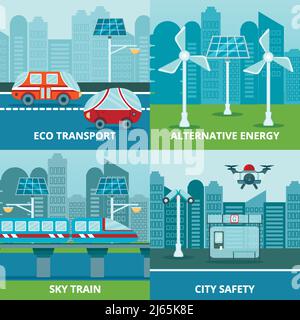 Smart City 2x2 Design-Konzept mit flachen Bildern der Alternative Energieträger und Elektrofahrzeuge Vektor-Illustration Stock Vektor