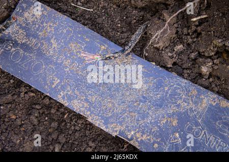Beschädigte Erdkabel beim Graben, eingerastet, defektes Stromleitungskabel, Verkabelung, defekte Stromleitung, Reparatur, Pruhonice, Tschechische Republik am 26. April 2 Stockfoto