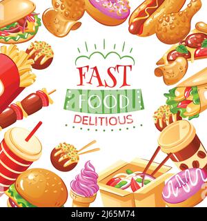 Helles Fast-Food-Poster mit Burgern Hot Dogs Getränke französisch Pommes Pizza und Desserts flache Vektorgrafik Stock Vektor