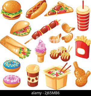 Set von Symbolen Fast Food einschließlich Getränke, Sandwiches, Nudel, Süßigkeiten, gebratene Kartoffeln, Hähnchenschenkel isoliert Vektor-Illustration Stock Vektor