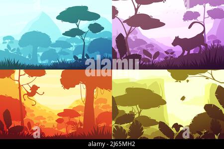 Dschungel Set von Cartoon-Landschaften mit Regenwald mit üppiger Flora, Silhouetten von Tieren, isolierte Vektor-Illustration Stock Vektor