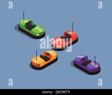 Isometrische Komposition mit vier bunten Bump Cars im Vergnügungspark 3D isolierte Vektordarstellung Stock Vektor