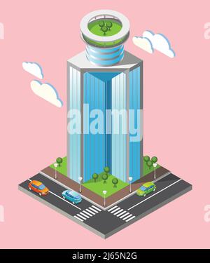 3D isometrische futuristische Wolkenkratzer Komposition mit einem Teil der Stadt Mit Straßen und hohen Gebäuden auf rosa Hintergrund Vektor-Illustration Stock Vektor