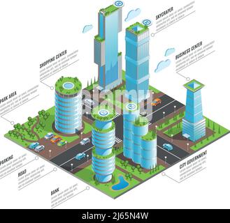 Isometrische futuristische Wolkenkratzer Infografiken mit Shopping Business Center Wolkenkratzer und Andere Elemente der Stadt Vektor Illustration Stock Vektor